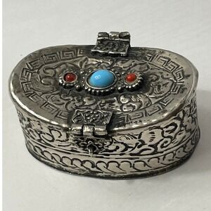 Vintage Tibetan Style Repousse Silver Tone Pill Box Faux Turquoise Coral Oval
